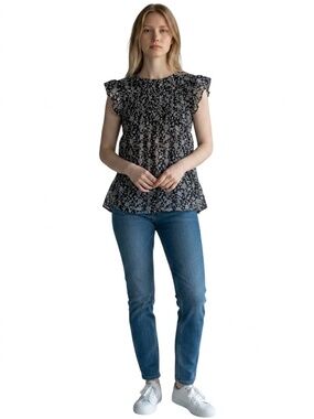 BeachLunchLounge Floral Toile Ruffle Top Black White Pintucked Blouse Women’s XS